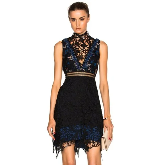 chinese dress ladies RENT Self Portrait Black Guipure Lace Mini Dress (RRP £360)